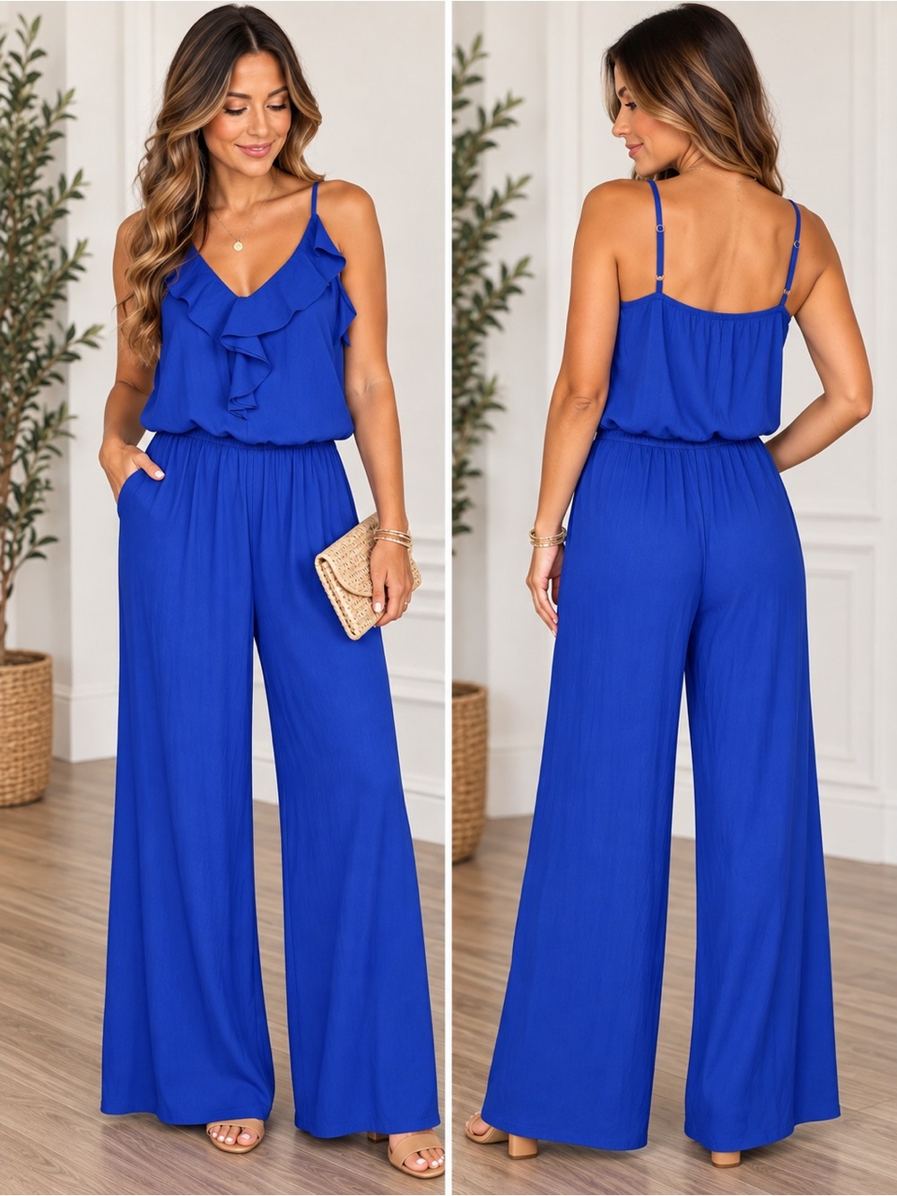 Lilly Pulitzer Royal Blue Tinley Wide
Leg Ruffled Neck Jumpsuit XS